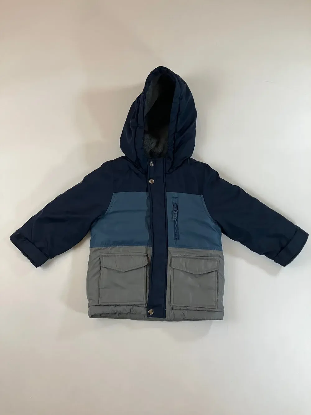 OshKosh B'gosh Boys 3T Colorblock Winter Coat Navy Blue Gray Fleece Lined